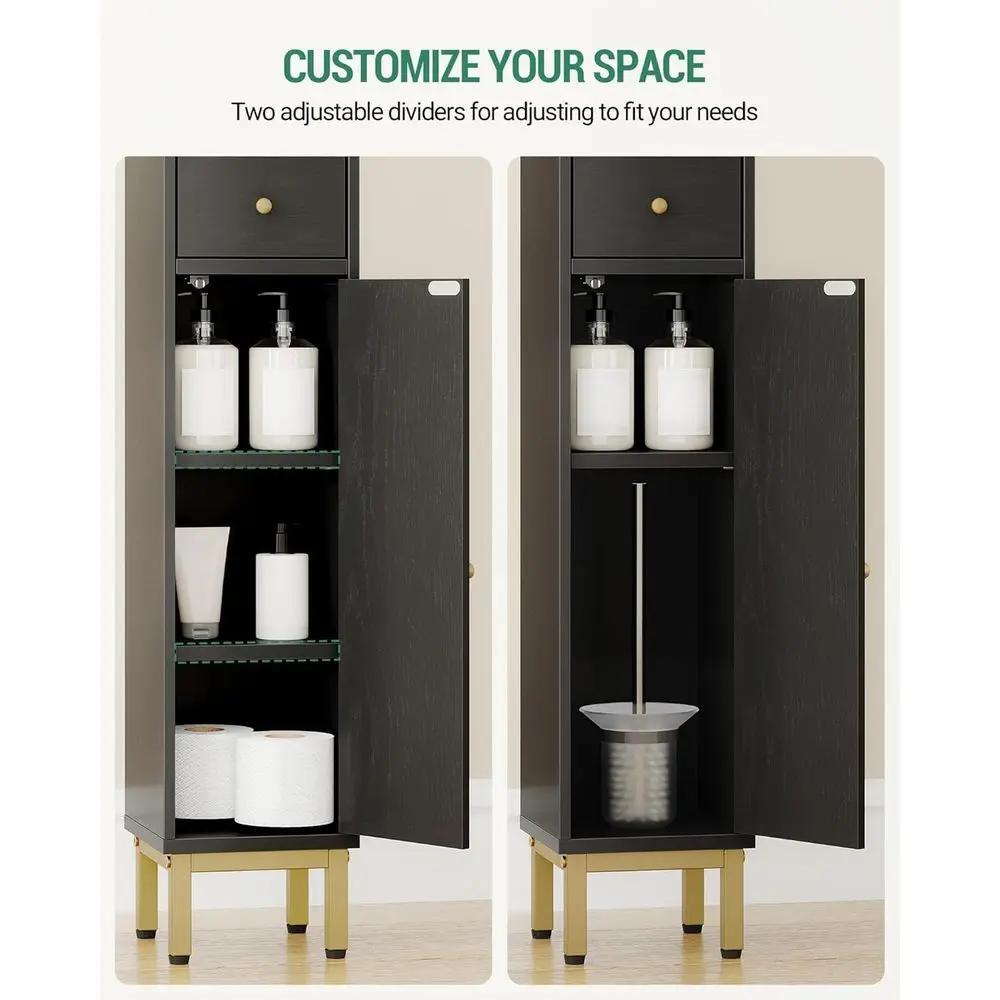 Высокий черный отдельно стоящий шкаф для ванной комнаты с регулируемыми полками, 7,9D x 7,9 Ш x 70,9H