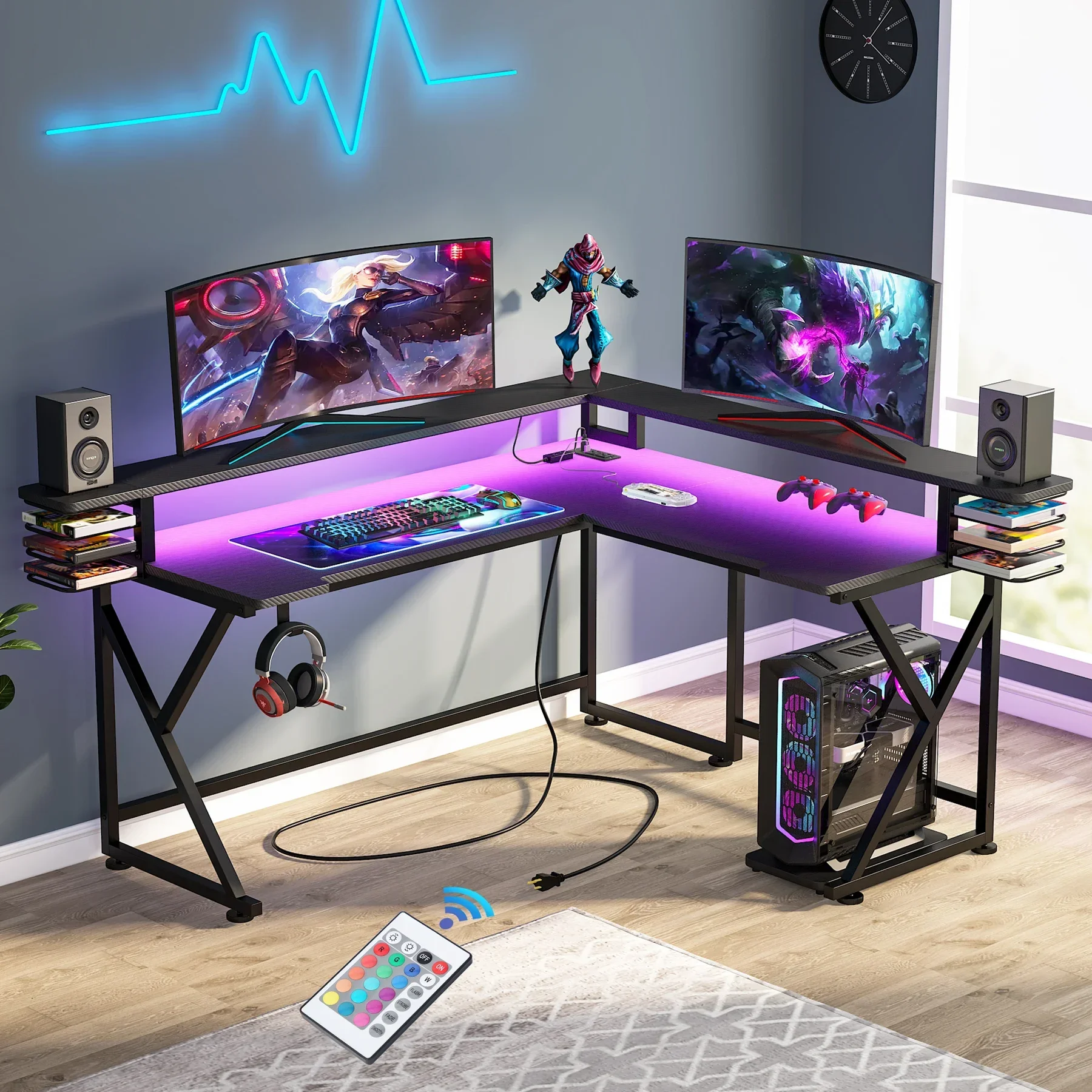 Tribesigns L Shaped Computer Desk with Led Lights & Power Outlet 61 inch L-Shaped Computer Corner Desk with Monitor Stand