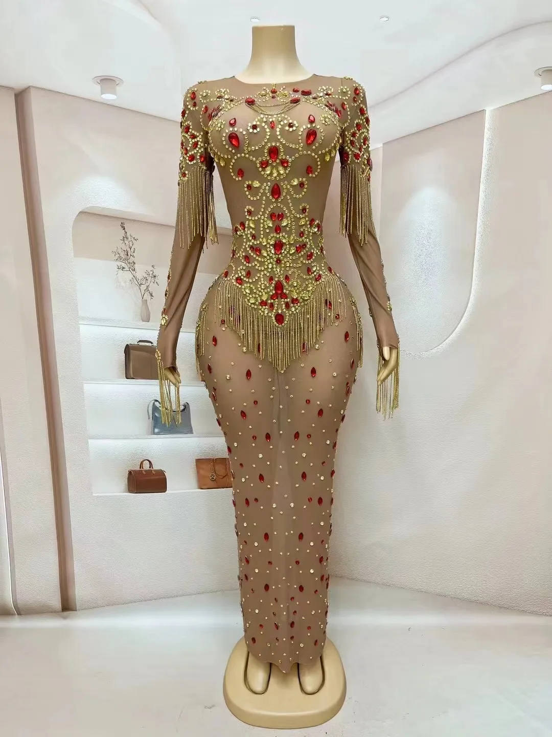 Robe de Scène Sexy avec Strass Rouges et Dorés, Tenue de Cérémonie de Remise de Diplôme, Club, Manches sulf, Chanteur, Photoshoot