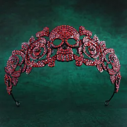 Vintage Gothic Black Queen Red Crystal Skull Crowns Festival Tiaras Skeleton Diadem Halloween Carnival Party Hair Dress Jewelry