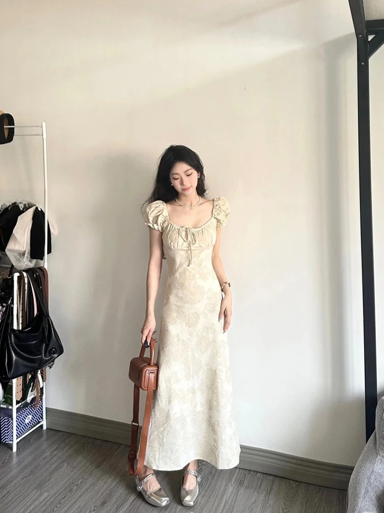 Ele Gentle Sle col carré Dr femmes a-ligne jupe longue minceur taille conception trajet printemps été ort Sve