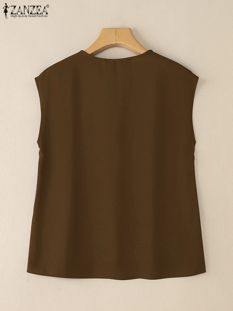 ZANZEA قطع علوية كلاسيكية للسيدات صيفية كاميس مثيرة بدون أكمام بلون سادة تي شيرت موضة 2025 بلوزات فضفاضة غير رسمية على شكل حرف v