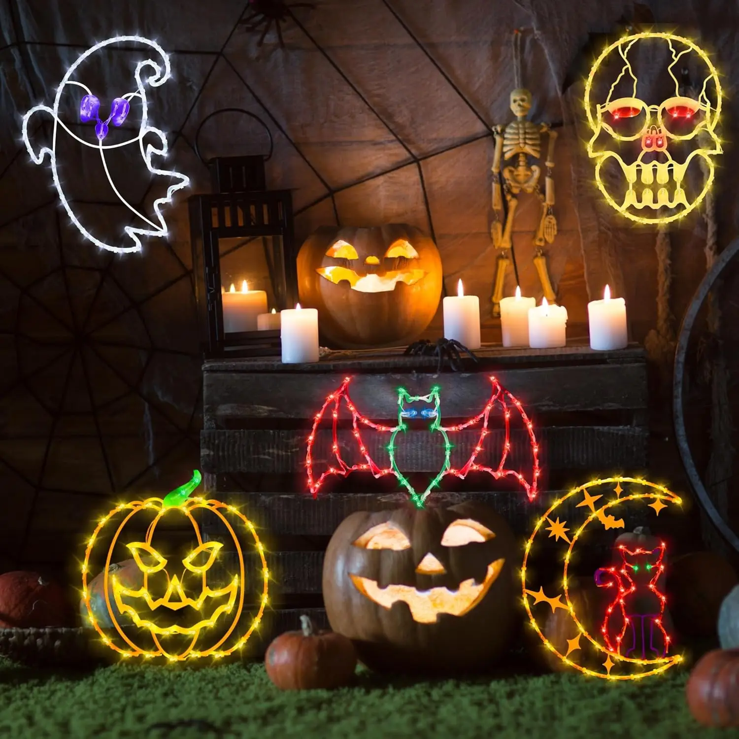 

Pack Colour Lighted Cat on Moon & Ghost & Pumpkin & Skull Head for Holiday Indoor and Outdoor Wall Door Window Decorate