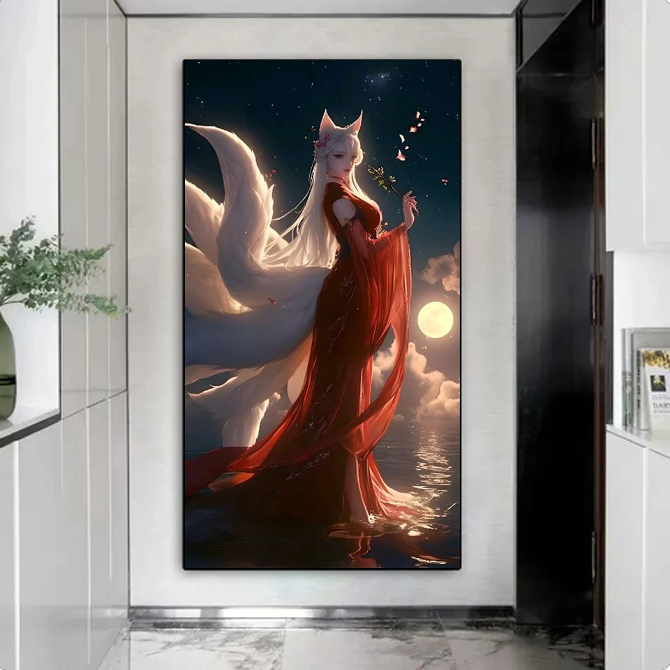 5D Diamond Art Painting New Nine-Tailed Fox Fairy Cartoon Girl Cross Stitch Kit Full Drill Diamond Mosaic Embroidery Home Decor