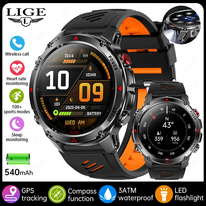 LIGE 2025 New Professional GPS Track Sports Smartwatch Outdoor RIDE Run Compass Altimeter 3ATM Fitness Bracelets 540mAh Watches