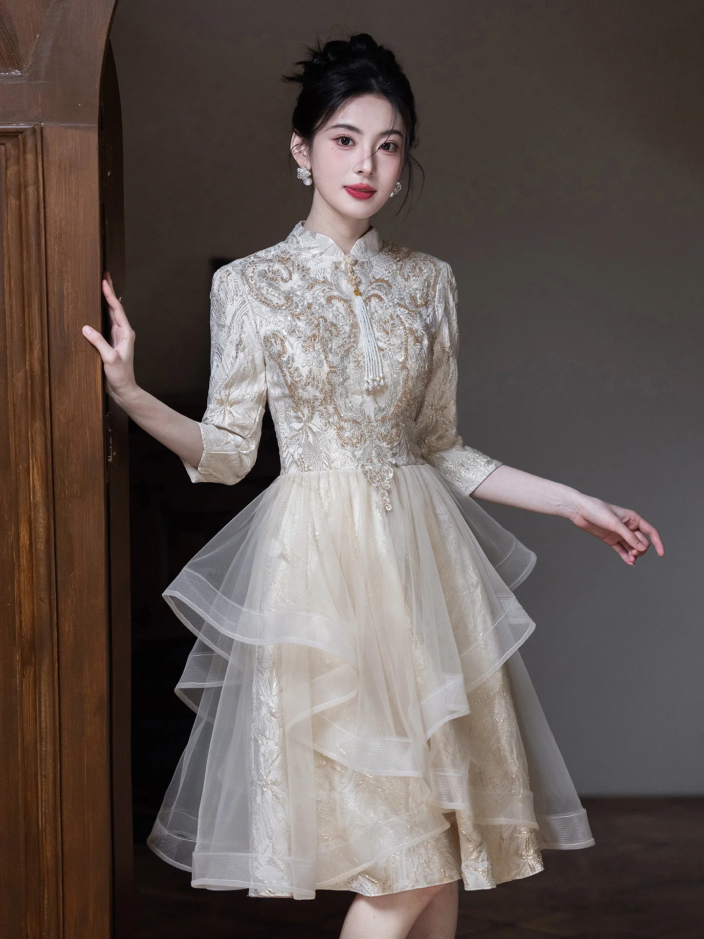 

Ele New Chinese Sle Engagement Evening Dr Beautiful Wedding Cake Design High Waist A-Line Skirt ort Length