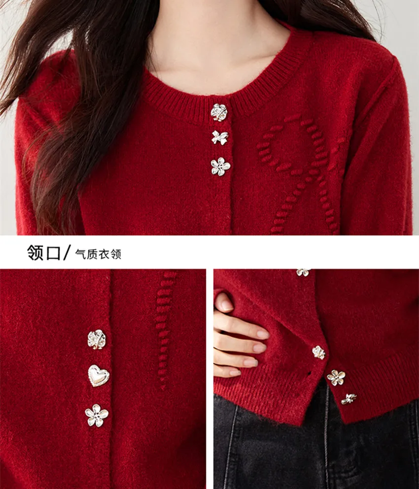 New Christmas New Year Red Knitted Sweater Coat High Quality Winter Women Round Collar Diamonds Single Breasted Cardigan Tops