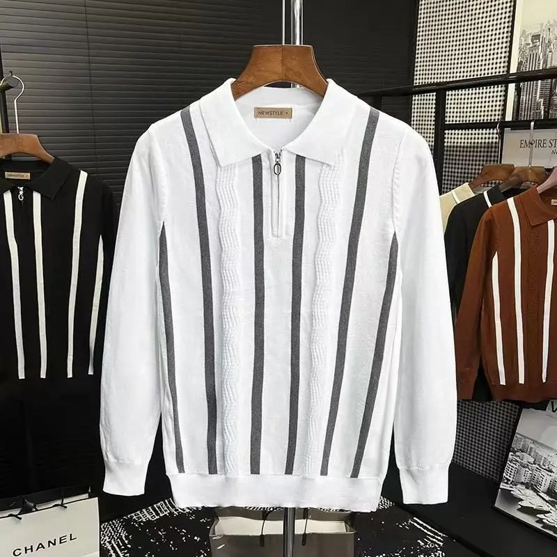 الرجعية بريتي Sle محبوك irt الرجال اللون بلو شريط سليم صالح ort Sve البلوز الحرير القطن الحرير الجليد... #5