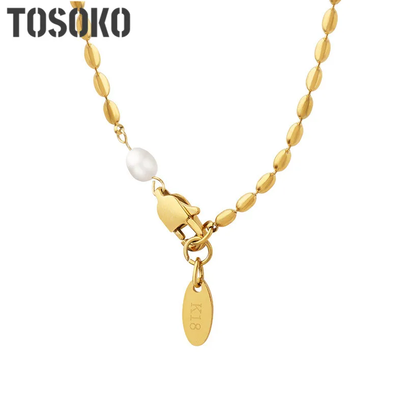 TOSOKO-Cadena de empalme de perlas de agua dulce para mujer, joyería de acero inoxidable, Cuenta de arroz Simple, cadena de clavícula de moda, BSP1265