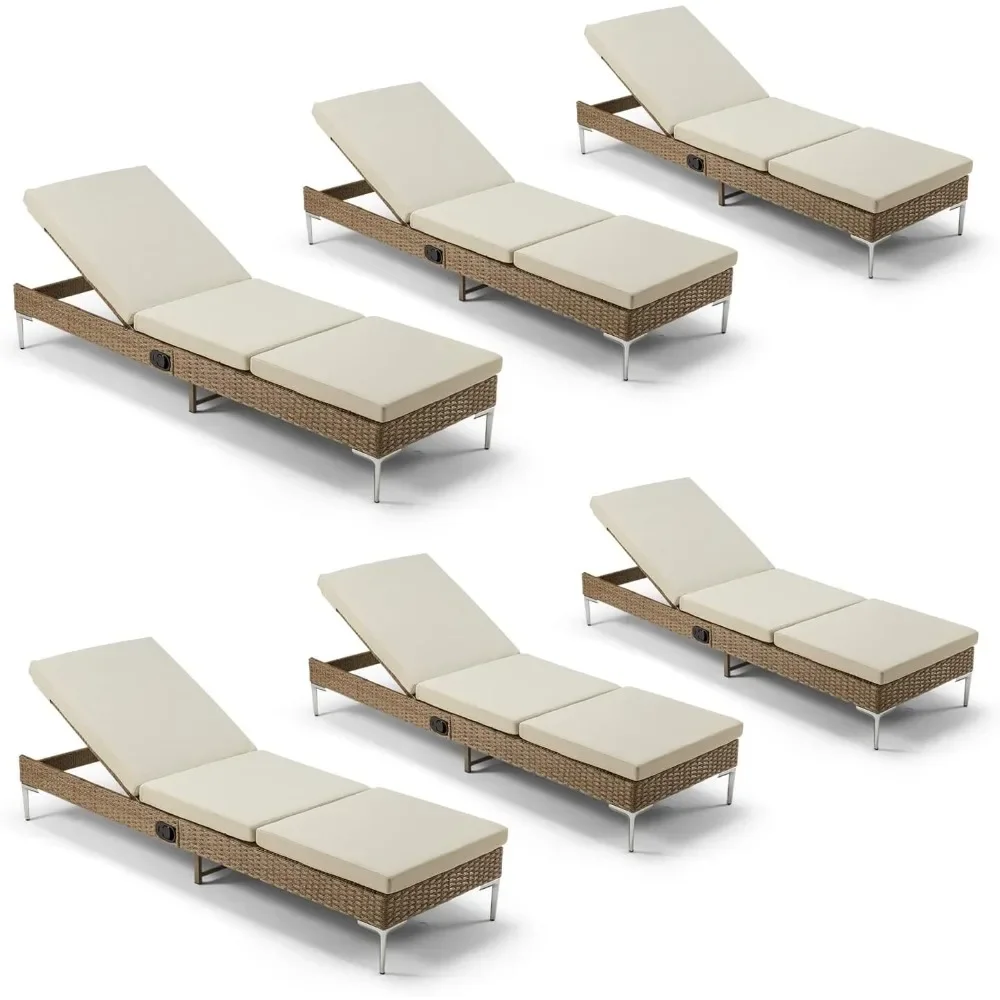 Outdoor Chaise Lounge Chair Set of 6, Patio Wicker Lounge Chair with Adjustable Backrest, Rattan Pool Lounge Chair with