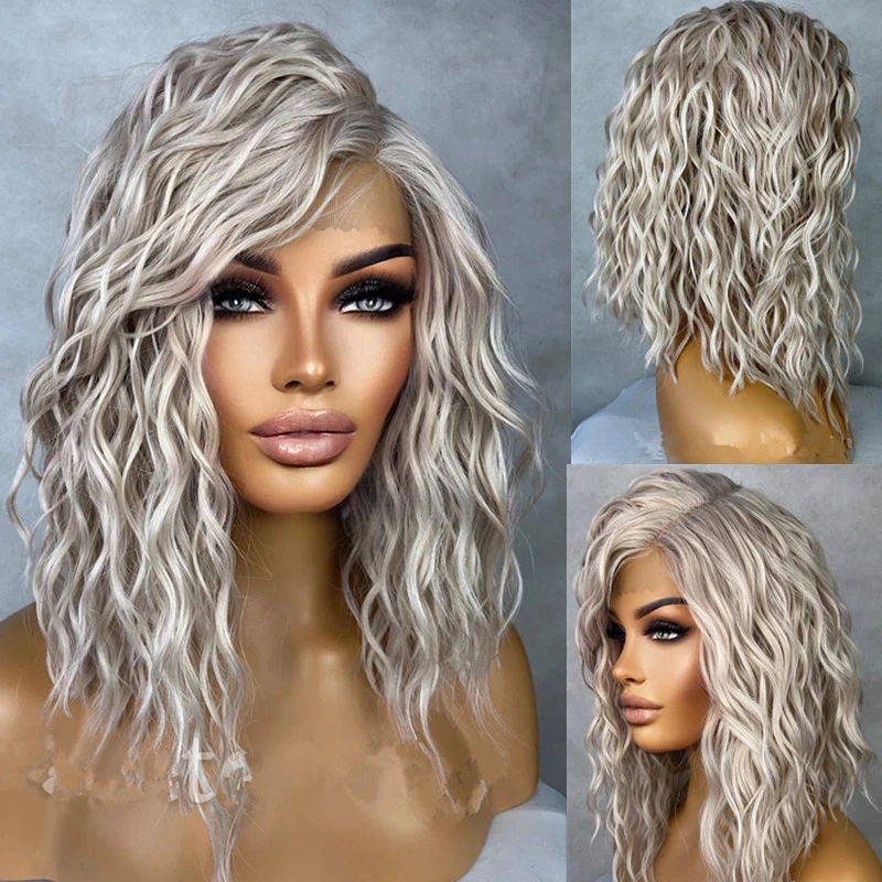 

Short Curly Lace Frontal Wig Silver Blonde Side Parting Synthetic Soft Water Wave Bob Wig High Heat Fibre Cheap Promotion Sale