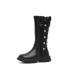 2025 Children High Boots for Girls Autumn New Chic Beading Sweet Bowtie Anti-slippery Elegant Lace Anti-slippery Leather Shoes