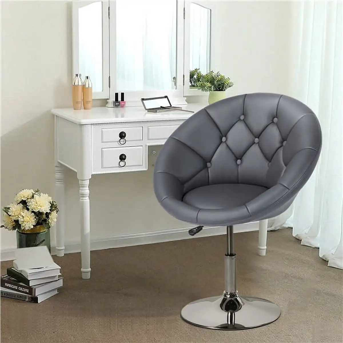 

Modern Tufted Adjustable Barrel Swivel Accent Chair Faux Leather Indoor Living Room Dining Room Home Office Gray 276lb Capacity