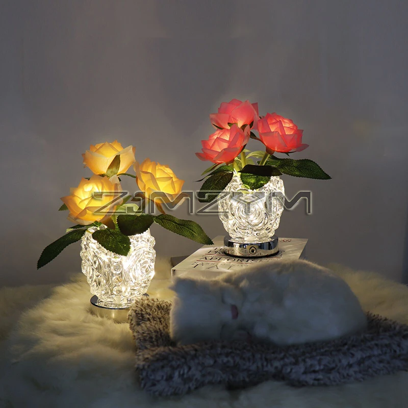 Desk Decoration Led Rose Night Light Rechargeable Crystal Flowerpot Lamp Touch Dimming Bouquet Home Decoration Table Lamp Gift