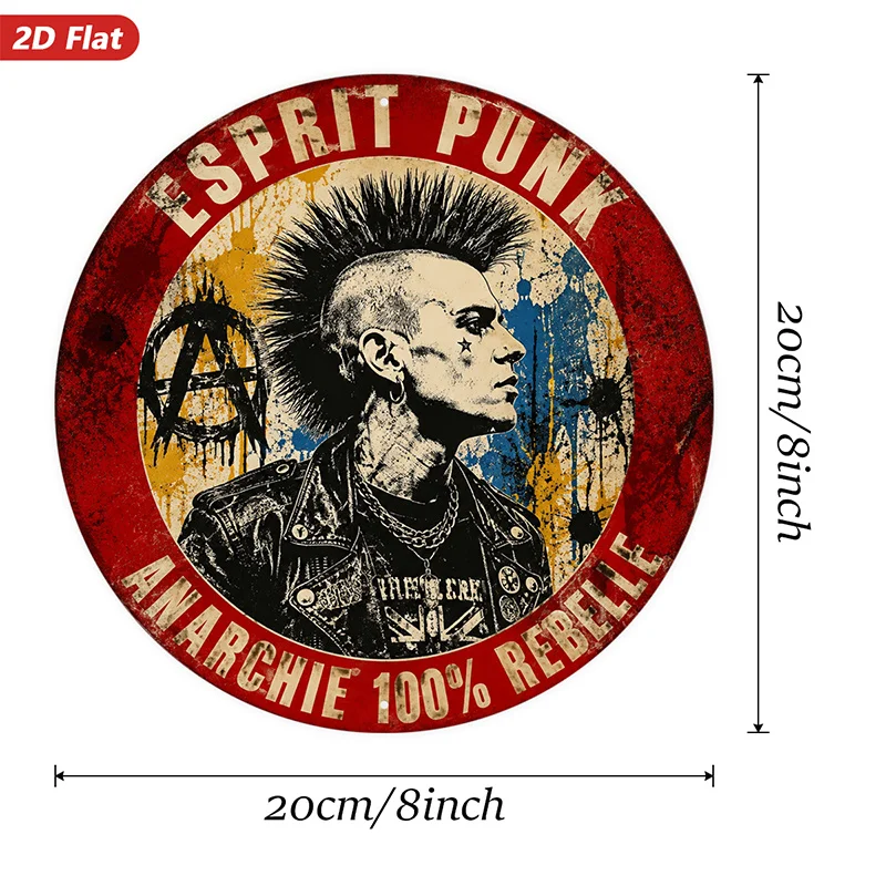 2D Flat, 1pc Punk Rebel Spirit Round Metal Sign Wall Art, Ideal for Studio Kitchen Living Room, Mohawk Portrait, Home Decor, Lea