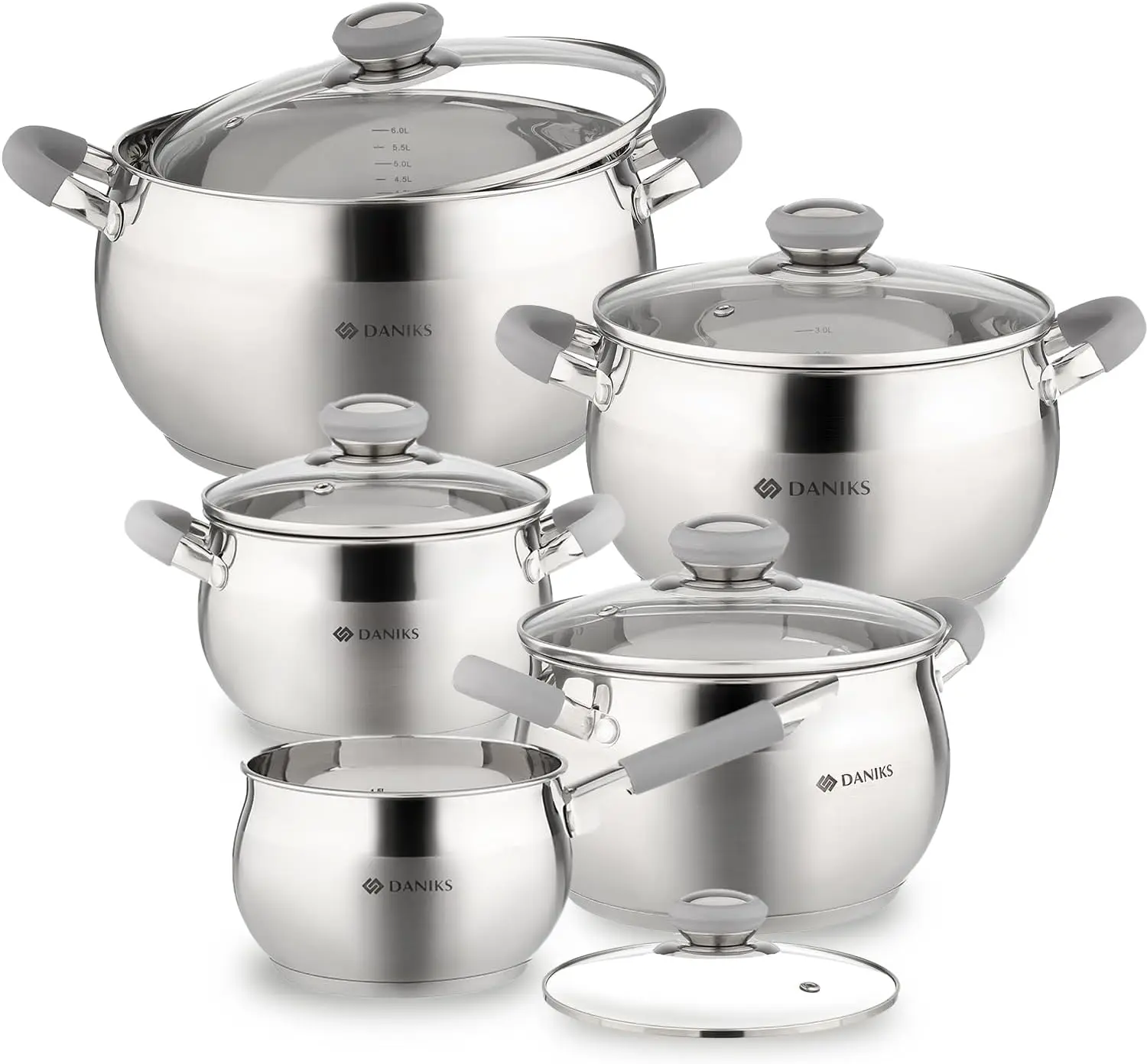 Daniks Modern Stainless Steel Kitchen Induction Pot Cookware Set | 10-Piece | Dishwasher Safe Pots | Saucepan + 2 Quart + 3