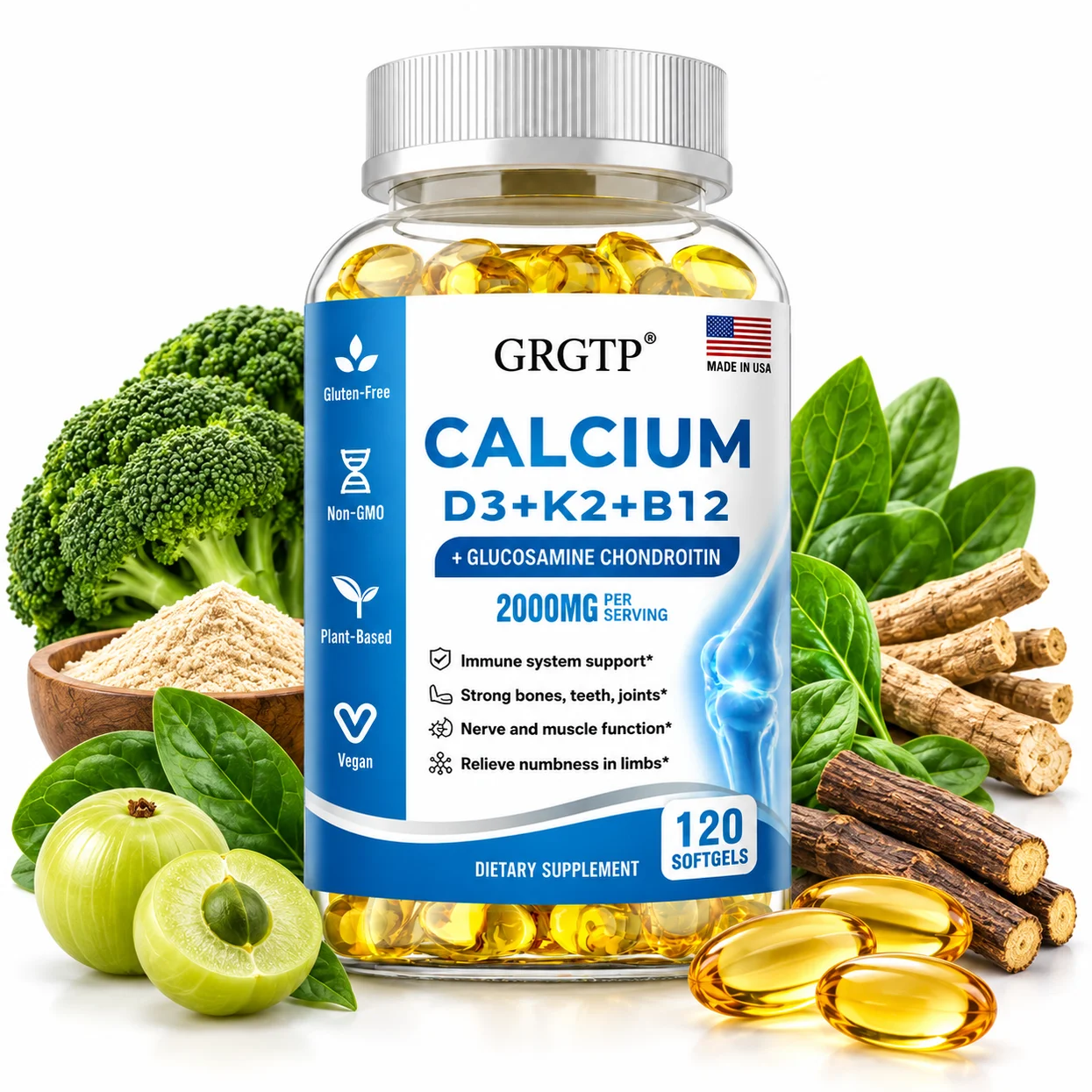 Calcium D3+K2+B12 Capsules - Absorption, Supports Muscles & Joint Health, Bone Regeneration, Joint Flexibility, Improve Immunity