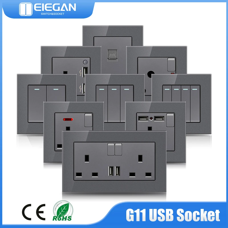 

ELEGAN Grey Tempered Glass Panel 16A 86 Type G11 Series EU/UK/FR/UN Wall Switch Socket USB 250V Lamp Water Heater Switch