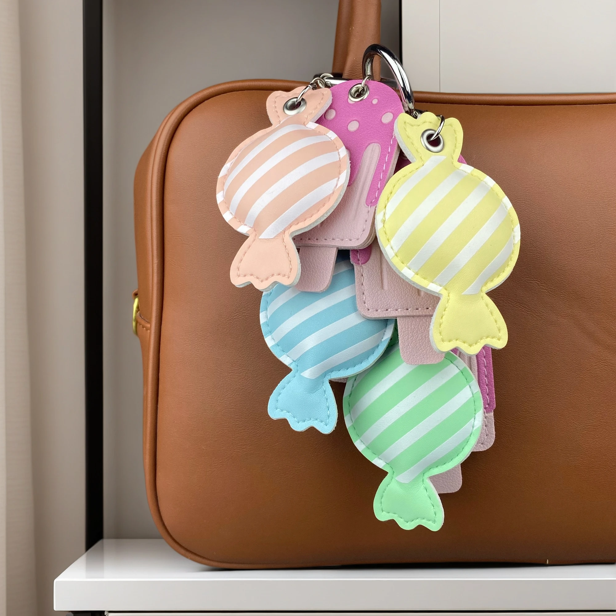 Cute Pink Ice Cream Popsicle Candy PU Leather Keychain Set, Sweet Dessert Food Charm Bag Pendant for Purses, Backpacks & Keys,