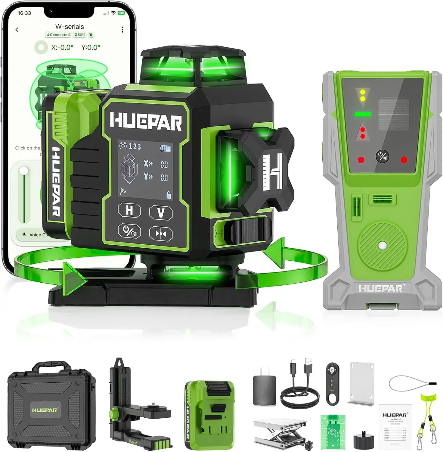 ^For W04CG 4D Laser Level with Receiver for Outdoor or Longer Distance Use, Up to 400 ft, 4x360° Self Leveling Green Lazer Level