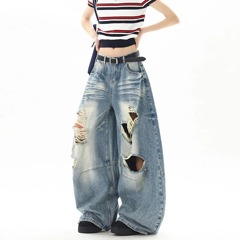 American Street Style Summer Ripped Jeans Casual Fashion Retro Splicing Washed Hollowed Out Women's Oversized Denim Pants