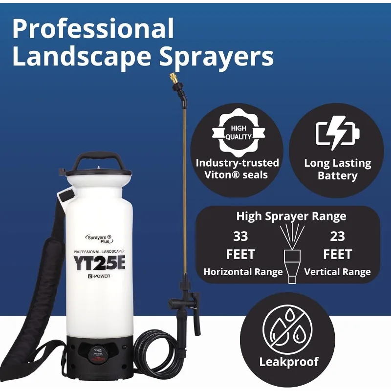 YT25E Battery Sprayer - 12V Lithium-ion with Viton Seals & O-Ring, Brass Wand & Nozzle & Shoulder Strap, 2 Gallon