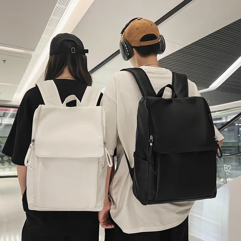 Korean Version Couple Flip Backpack Quality PU Leather Women Large Capacity Backpack Men Laptop College Backpack Travel Book Bag