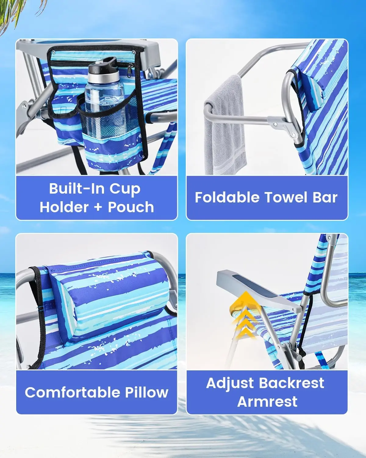 Beach Chairs for Adults 2 Pack with Cup Holder and Towel Bar, 4 Position Folding Reclining Low Beach Chairs Lay Flat for Pool Patio