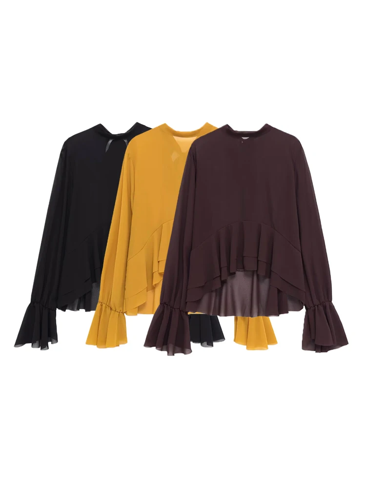 Camicetta asimmetrica semitrasparente chic da donna Camicie femminili alla moda sexy a maniche lunghe con fiocco sul retro