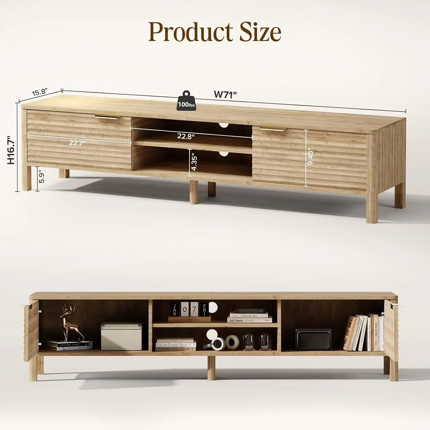Oak 71 Inch Mid Century Modern TV Stand For Living Room Up To 80 Inch TVs Media Console Table With Storage And Adjustable Shelve