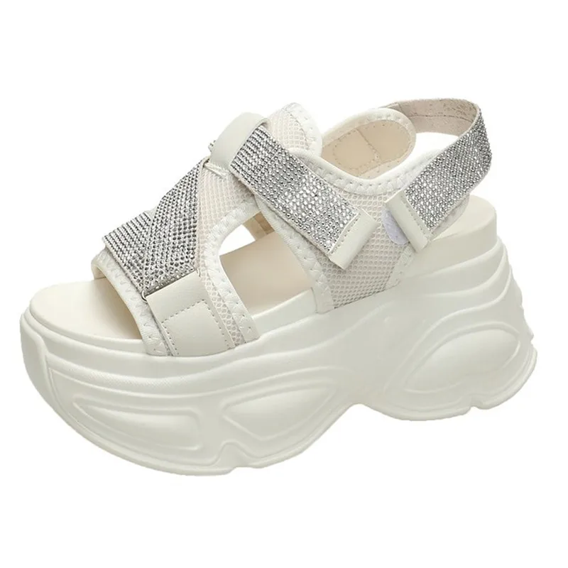 8,5CM Plateau-Sandalen für Damen, Glitzer-Keilabsatz, Sommer-Strass-Sandalen mit Klettverschluss, Chunky-Sandalen, Strand-Pantoletten, Zapatos Mujer