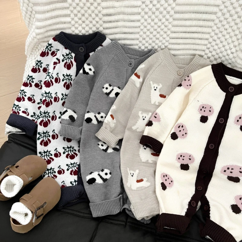 2025 Baby Autumn/Winter Cute Knitted Thick Single Row Button Warm Cartoon Pattern Climbing Clothes 3