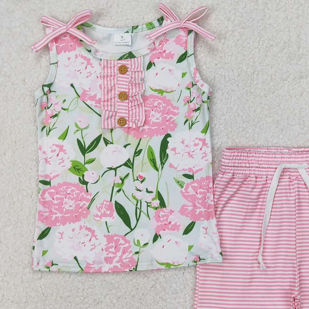 GSSO2357 Baby Girls Pink Sleeveless Floral Button Top Stripe Shorts Set