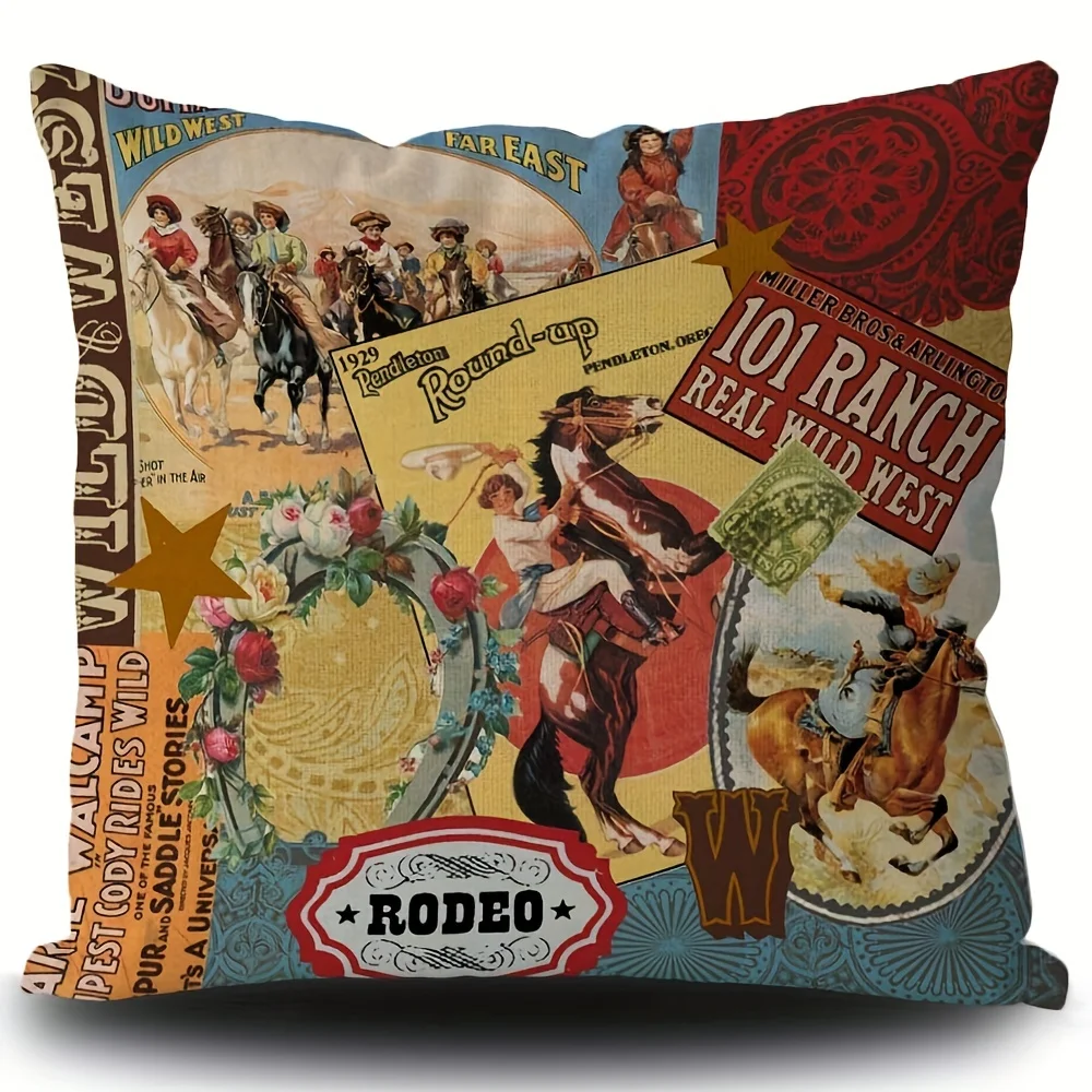 2pc Vintage Modern West Rodeo Riding Bull Throw Pillow Case Home Decor Square Decor Cushion Cover 18x18 Inch Seat Decorative