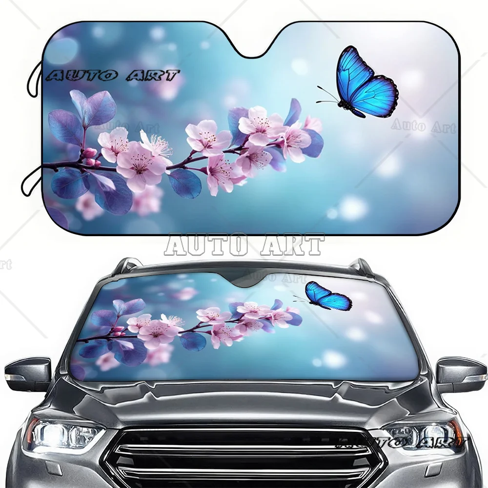 

Car Sun Visor with Pink Flower Blue Butterfly Branch DesignUV Protection and Cooling Shade for SUVsUniversal Models Decoration