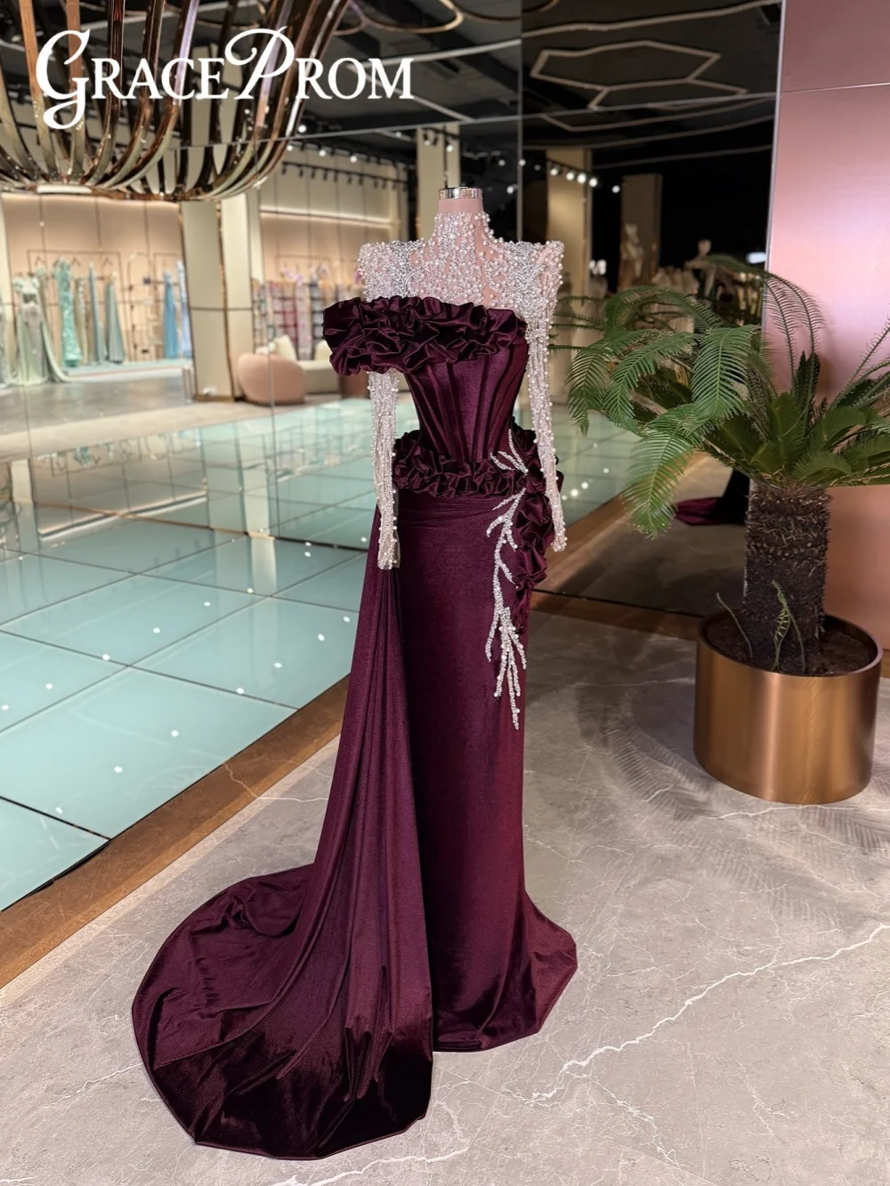 

Роскошное бархатное вечернее платье с жемчугом и шлейфом, очаровательное свадебное платье длиной до пола, элегантное платье для выпускного вечера по индивидуальному заказу