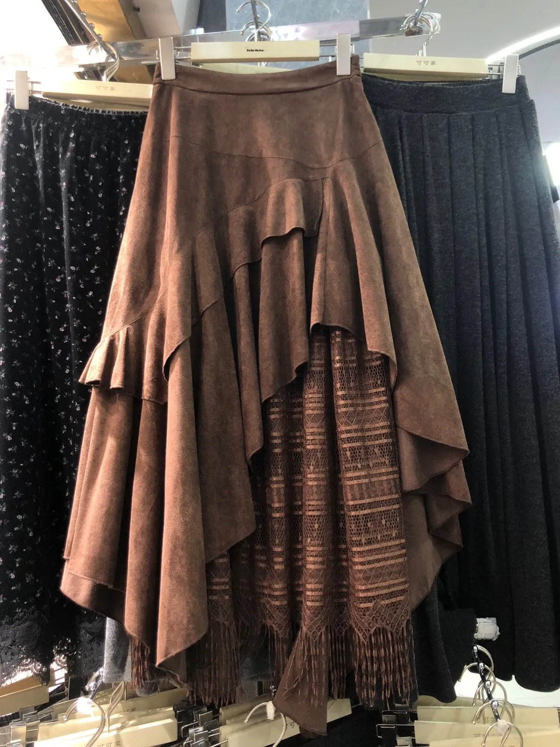 

High Waist Suede Lace Splicing A-Line Midi Skirt Women's Autumn Casual Asymmetrical Cake Skirt Loose Fit