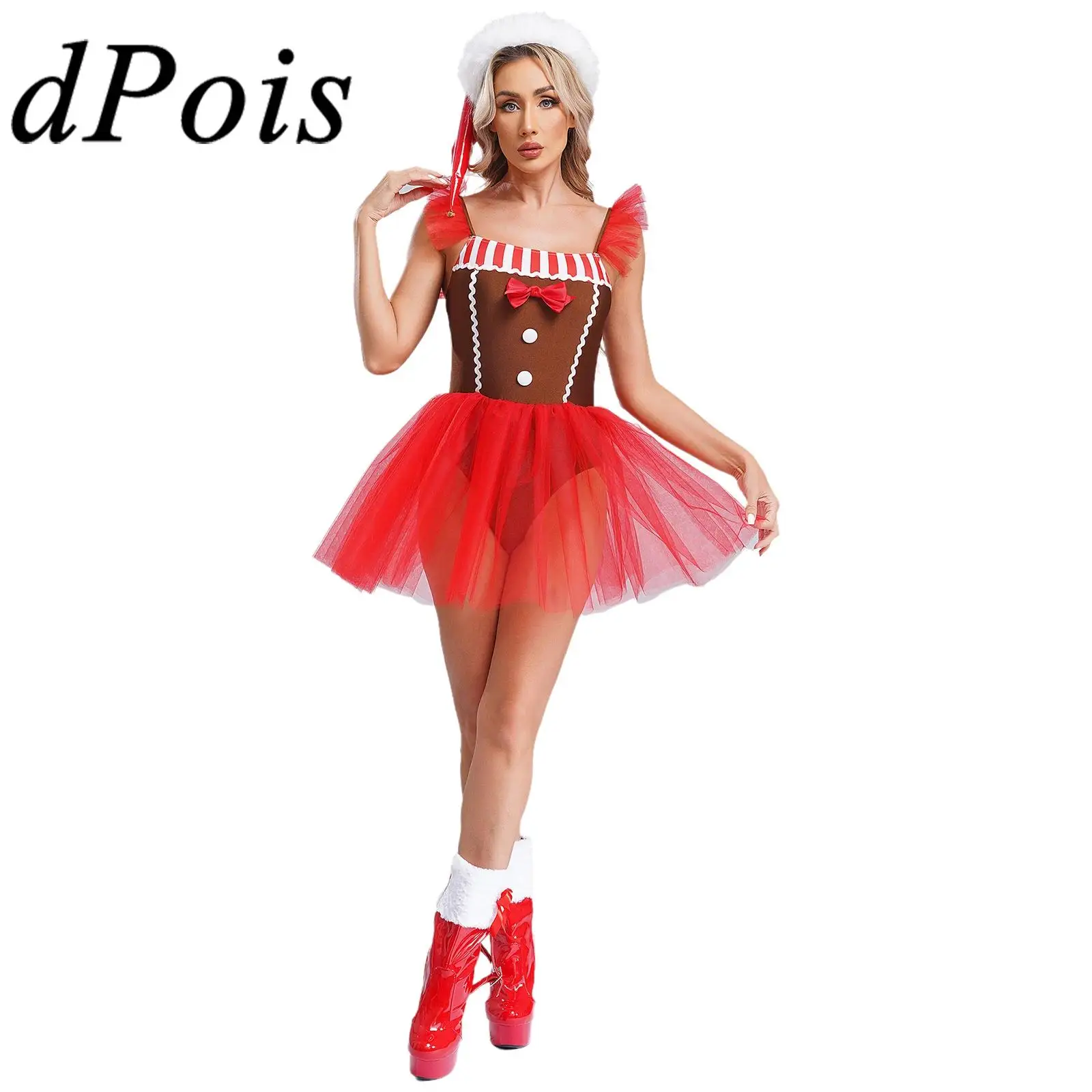 Women Christmas Gingerbread Costume Bowknot Striped Mesh Tutu Dress Cosplay Bodysuit Xmas New Year Cookie Man Role Play Clothes