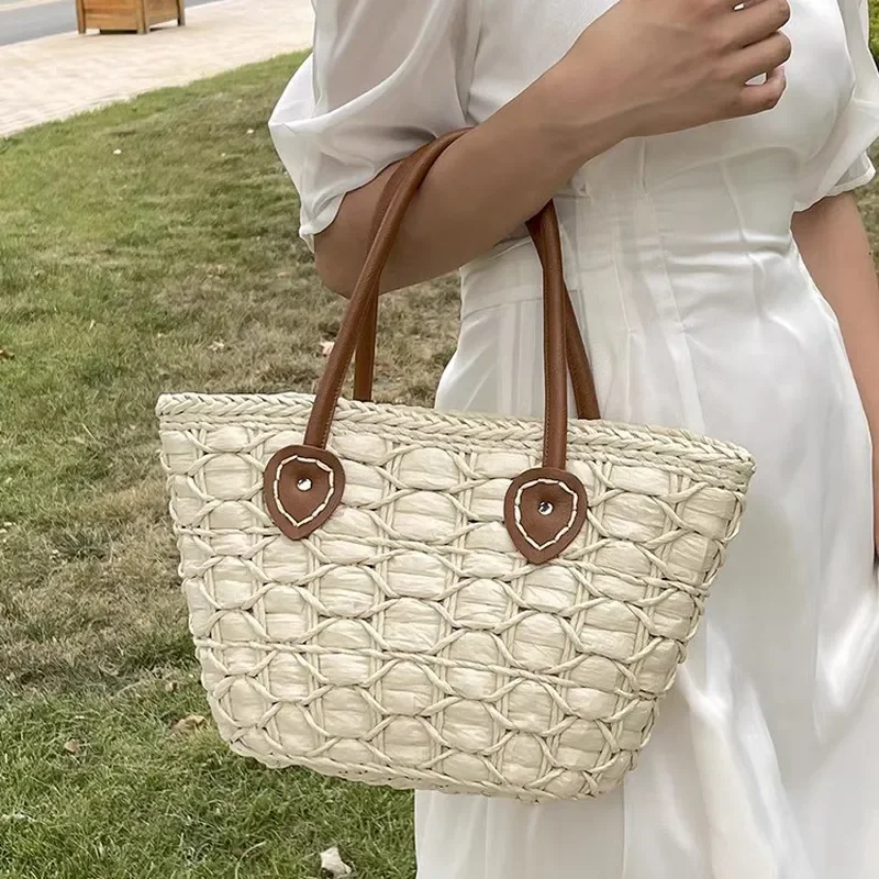 Bolso de mano de paja tejida estilo retro europeo americano para mujer, bolso de playa de gran capacidad, cesta para verduras, bolso de hombro.