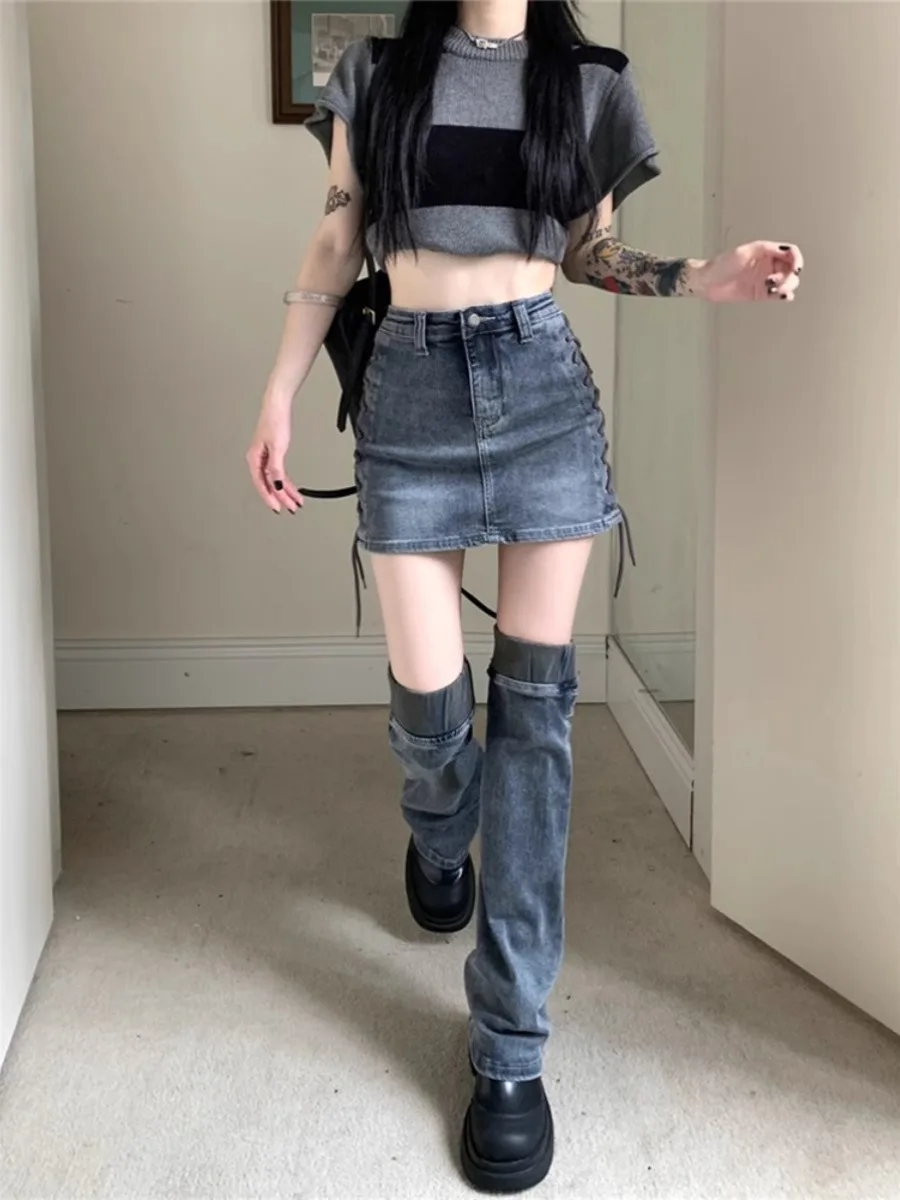 

Y2K Spicy Girl Denim Skirt High Waist Wrap around ort Skirts Women's Design Sensation Retro Tie Dye A-Line Skirts