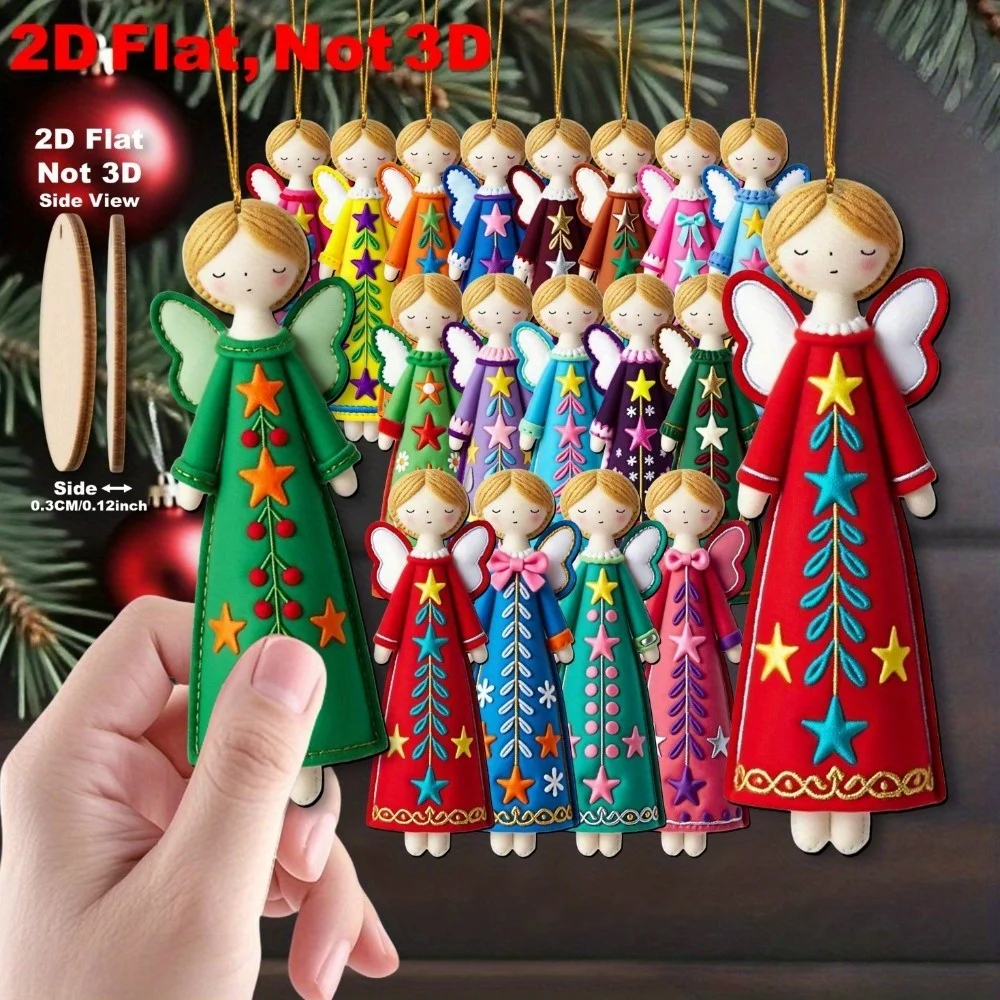 18Pcs Multicolor Angel Girl Christmas Hanging Ornaments, 2D Flat Wooden Angel Decor, Star Floral Gift Tags Party Home Decor