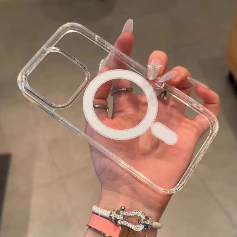 حافظة هاتف شحن لاسلكي لهاتف آيفون 17 16 15 14 13 12 11 Pro Max Plus شفافة لهاتف Magsafe غطاء سيليكون ناعم من الأكريليك المغناطيسي