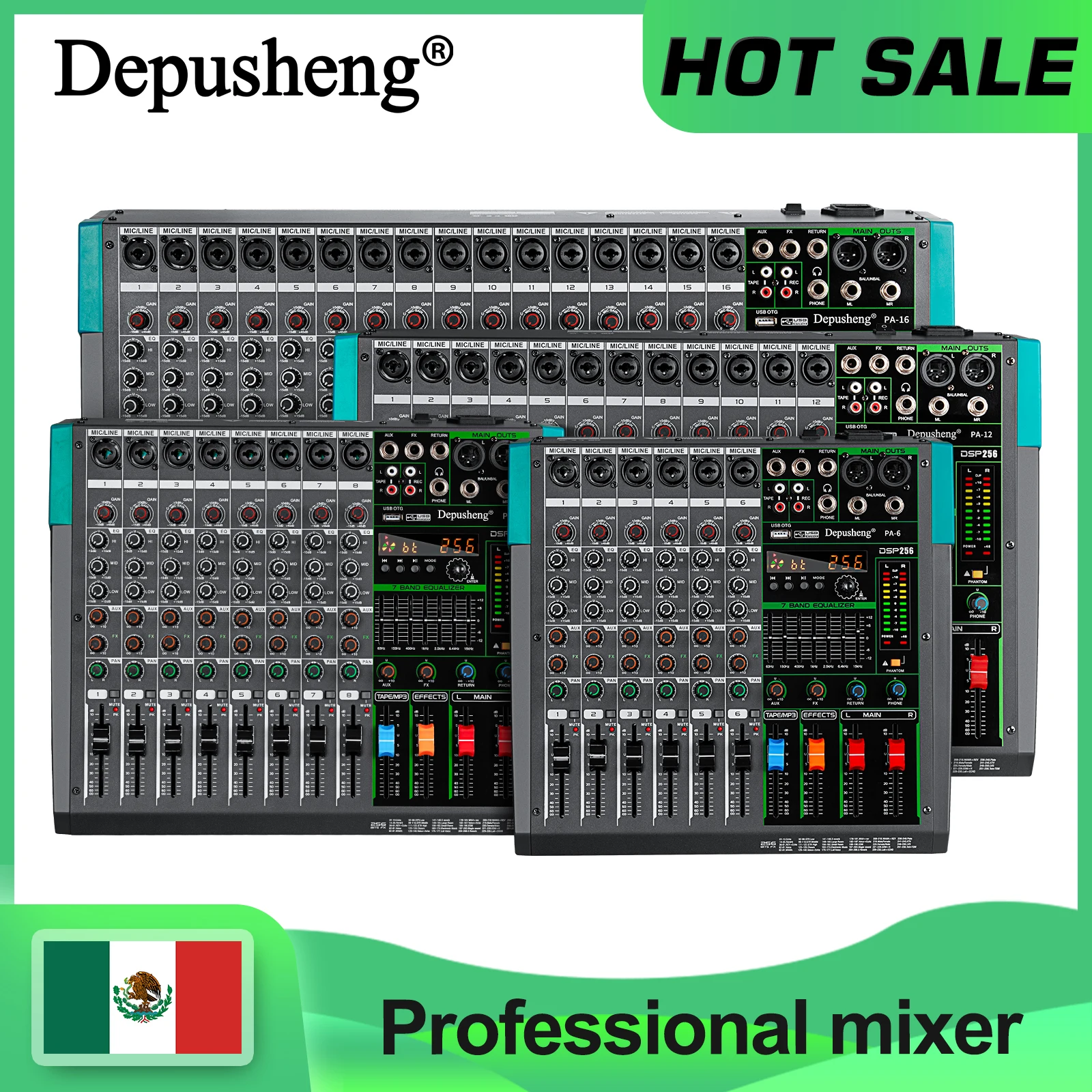 Mezclador de Sonido de 6/8/12/16 Canales Depusheng, Consola de DJ con USB, Alimentación Phantom de 48V, 256 Efectos DSP, Mesa de Sonido para Escenario