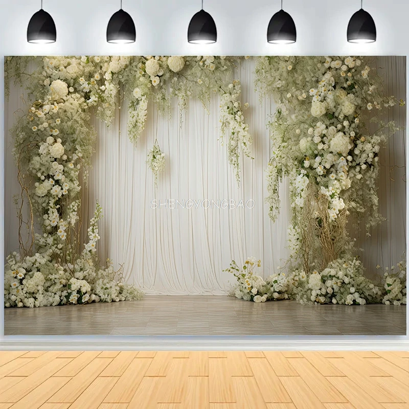 Champagne Fantasy Wedding Stage Photography Backdrops Aesthetic Flower Arch Background Interior Decorated Photo Studio Props