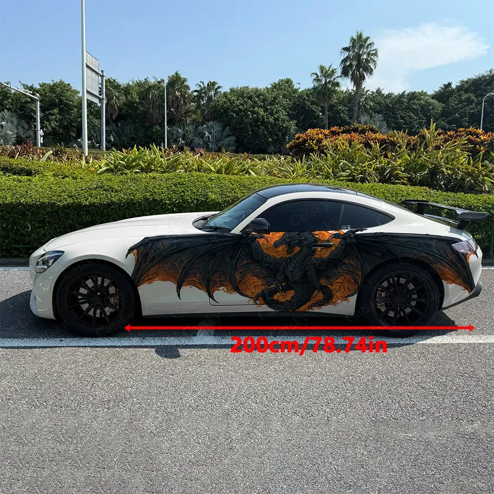 2pcs Orange-Flame Giant Winged Dragon Car Side Wraps, Self-Adhesive PVC Waterproof & Scratch-Resistant Stickers, Car Accessory