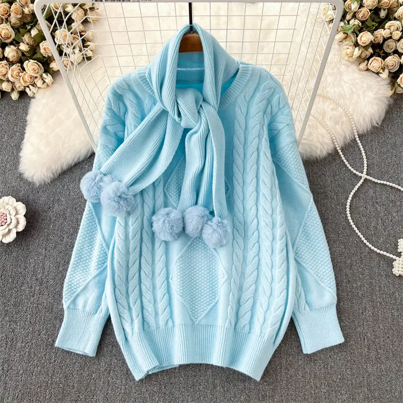 Lovely Sweet Sweater Oversized Loose Autumn Winter Twist Pullover With Scarf Thickened Women's Casual Top Knitted Jumper T1475