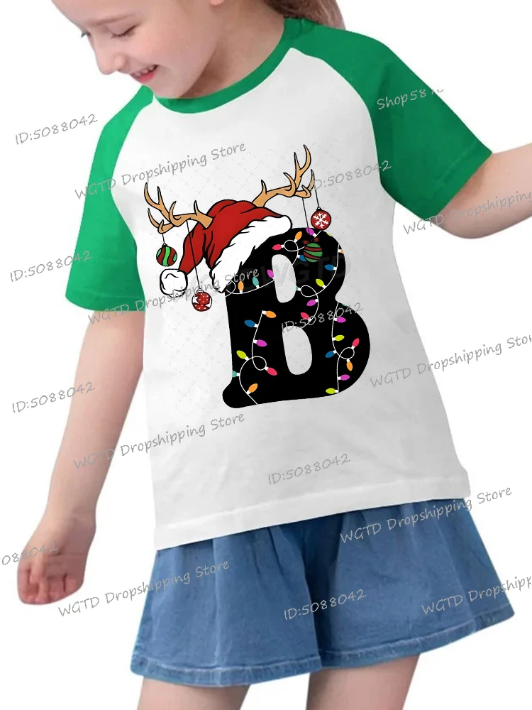 

2025 Merry Christmas Raglan Alphabet A-Z Tee Boys Girls Cartoon Letter Printed Short Sleeve T Shirts Casual Cotton Kids Clothes
