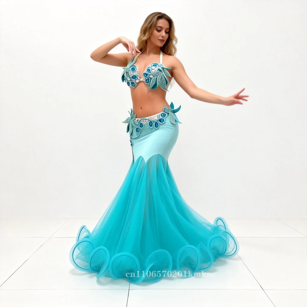

Belly Dance Suit Diamond-Studdedn Bra Split Long Skir Performance Clothes Set Female Adult High-End Top Competition Clothing New