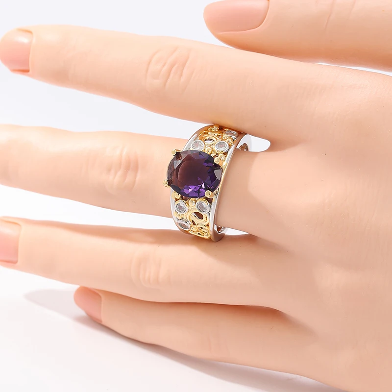 Vintage-Ring für Damen mit eingelegten weißen und violetten CZ-Steinen, schillernd, zweifarbig, handgeschnitzt, hohl, für den täglichen Gebrauch, Party-Schmuck, Jubiläumsgeschenk – Detail 1