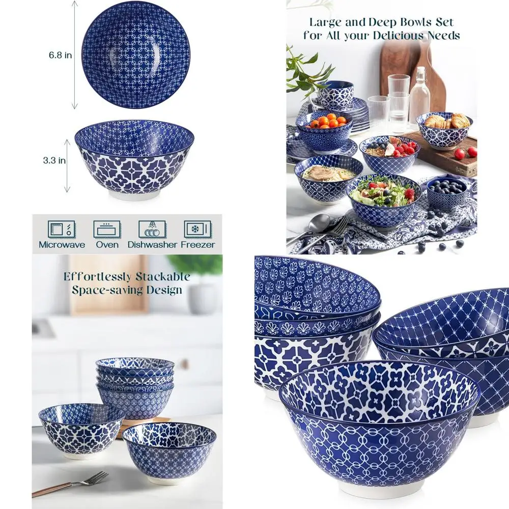 

Set of 6 - 33oz Vintage Blue Ceramic Deep Bowls for Ramen, Pasta, Salad - Dishwasher and Microwave Safe - Ideal Kitchen Decor &